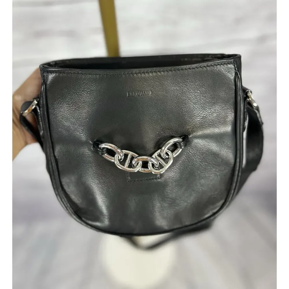 Renouard Made in France Black Leather Crossbody Bag Silver Chain Hardware
